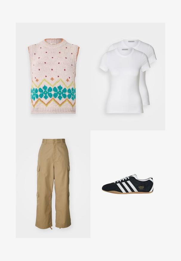 Dzianinowy bezrękawnik w jasnoróżowym kolorze z turkusowym motywem kwiatowym, pomarańczowymi akcentami i fakturowanym wzorem. Żebrowany dekolt i dół.; Dwie białe bawełniane koszulki z krótkim rękawem, okrągłym dekoltem i dopasowanym krojem, o gładkiej strukturze i minimalistycznym wzornictwie.; Beżowe spodnie cargo z wysokim stanem, szerokimi nogawkami i czterema dużymi bocznymi kieszeniami. Wykonane z trwałego materiału o gładkiej fakturze i minimalnych detalach.; Czarne zamszowe sneakersy z białymi trzema paskami, złotym logo i brązową gumową podeszwą. Charakteryzują się niskoprofilowym zapięciem na sznurówki.