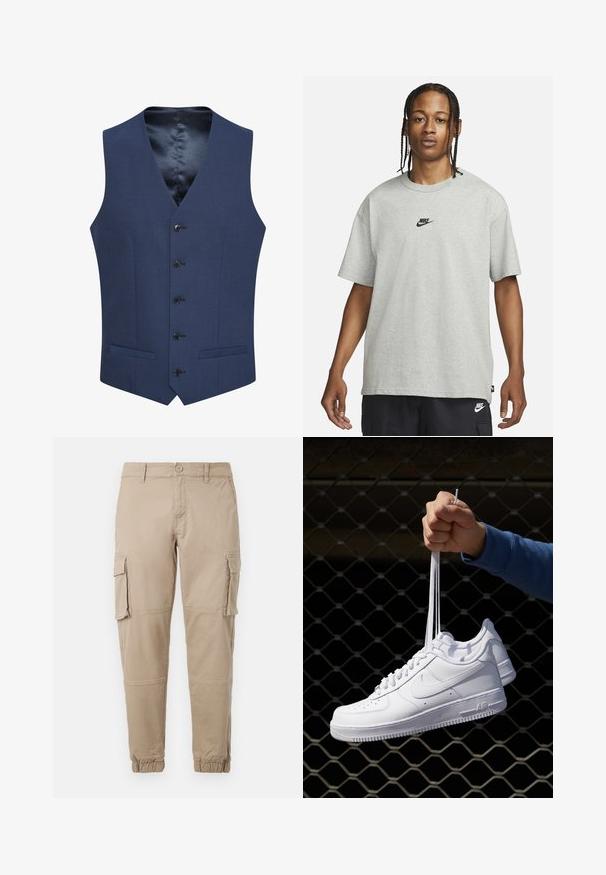 Tmavě modré vesty vyrobené z texturované tkaniny, s předním zapínáním na pět knoflíků a dvěma bočními kapsami. Podšité hladkým, vzorovaným interiérem.; Mladý člověk s pletenými vlasy, oblečený v světle šedém tričku Nike a černých šortkách Nike, na čistém bílém pozadí.; Béžové cargo kalhoty z lehkého bavlněného materiálu. Mají elastické manžety, více bočních kapes a zapínání na knoflík.; Bílé kožené tenisky s perforacemi, kulatou špičkou, plochou podrážkou a silnými tkaničkami, které mají viditelné logo swoosh a nápis "AIR" na patě.
