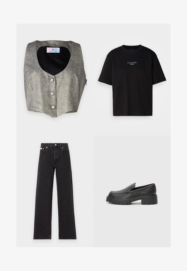 Bezramenná vesta v šedé herringbone látce, s hlubokým výstřihem do V, třemi dekorativními knoflíky a hladkým černým podšívkem s jemným vzorem.; Černé bavlněné tričko s kulatým výstřihem a krátkými rukávy, s modrou vyšitou nášivkou "Calvin Klein JEANS" na přední straně.; Černé široké jeansy vyrobené z denimu, s vysokým pasem, pěti kapsami a kovovým zapínáním s kontrastním prošíváním.; Černé kožené mokasíny s okrouhlou špičkou, silnou strukturovanou podrážkou a minimálními detaily šití. Elegantní design bez viditelných tkaniček nebo kovových prvků.