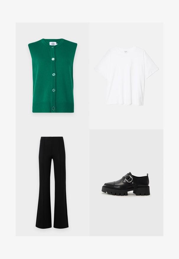 Zelená pletená bezrukávová kardigán s okrúhlym výstrihom a šiestimi zladenými gombíkmi po prednej strane. Rífsový lem a hladká textúra.; Biely bavlnený tričko s krátkymi rukávmi, okrúhlym výstrihom, voľným strihom a prešitým lemom. Štítok viditeľný na vnútornom krku.; Čierne rozšírené nohavice s vysokým pásom, vyrobené z elastického materiálu. Obsahujú vertikálne švy na prednej strane a hladkú textúru.; Čierne kožené topánky s hrubou, rebrovanou podrážkou, vyznačujúce sa okrúhlou striebornou kovovou ozdobou a minimálnym prešívaním.