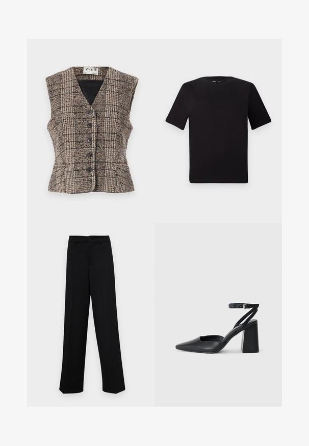 Brūns tvīda veste ar rūtainu rakstu, V veida kakla izgriezumu un sešām melnām pogām. Tai ir bez piedurknēm dizains un pielāgota forma.; Melnas īsām piedurknēm T-krekls ar apaļu kakla izgriezumu, izgatavots no mīksta kokvilnas auduma. Vienkāršs dizains, bez redzamām logo vai rakstiem.; Melnas platajās bikses, kas izgatavotas no gludas auduma, ar klasisku jostu un pogu aizdari, kā arī priekšējām kroku detalizācijām.; Melna ādas augstpapēžu kurpe ar norakstīto purngala formu, potītes siksniņu un masīlu papēdi. Gluda tekstūra, elegants dizains un minimālisma estētika.
