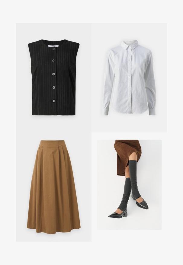 Schwarze ärmellose Knopf-weste mit dünnen weißen vertikalen Nadelstreifen und rundem Ausschnitt.; Weißes Hemd mit Knöpfen, aus glattem Baumwollstoff, mit klassischem Kragen, langen Ärmeln und abgerundetem Saum. Die Knöpfe sind klein und weiß.; Brauner Baumwoll-A-Linien-Rock mit hoher Taille, der vorne Falten aufweist und eine glatte Textur hat. Der Saum ist sauber und einfach verarbeitet.; Schwarze lacklederne spitze Schuhe mit Blockabsatz und Knöchelriemen, kombiniert mit grauen gerippten Beinstulpen und einem braunen Wildlederrock.