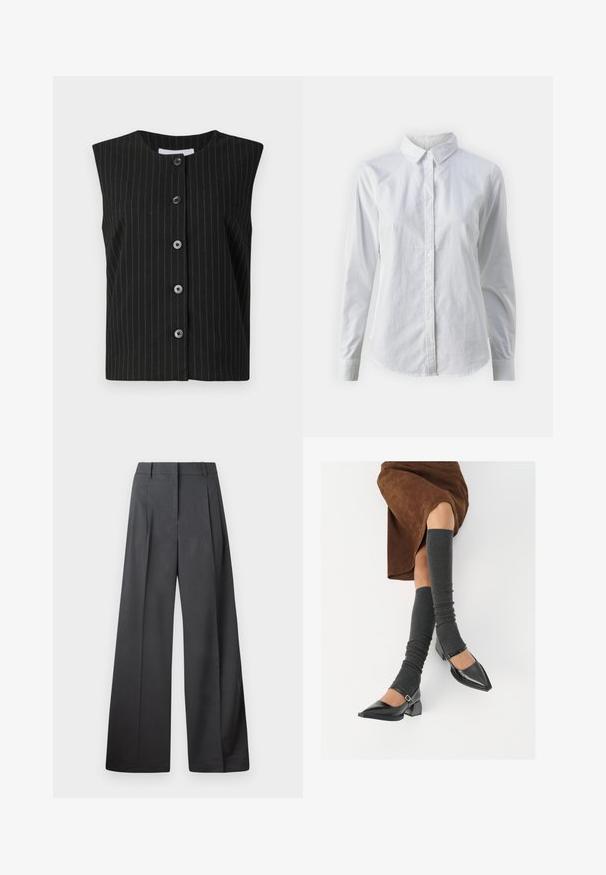 Juodas berankovis mygtukų liemenė su plonomis baltomis vertikaliomis kojelėmis ir apvalia iškirpte.; Balta marškinėliai su mygtukais, pagaminti iš lygios medvilnės, su klasikiniais apykaklės, ilgomis rankovėmis ir lenktu kraštu. Mygtukai maži ir balti.; Tamsiai pilkos plačios kojos kelnės, turinčios aukštą liemenį, vieną raukšlę ir sklandžią tekstūrą su tvarkingais kraštais.; Juodi lakuoti odiniai batai su aštriu kuma ir bloko kulnu, derinami su pilkais riebiais kojų šildytuvais ir rudais zomšiniais sijonais.