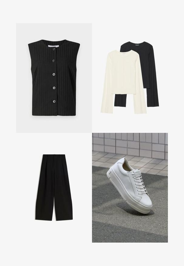 Czarna bezrękawnikowa kamizelka zapinana na guziki z cienkimi białymi pionowymi paskami i okrągłym dekoltem.; Zestaw dwóch bluzek z długim rękawem w kolorze białym i czarnym. Prążkowana struktura, okrągły dekolt, dopasowany fason z lekko rozszerzanymi rękawami.; Czarne spodnie szerokie z gładkiego materiału, z wysokim stanem, plisami z przodu i bez widocznych ozdób czy wzorów.; Białe skórzane trampki o niskim fasonie, płaskich sznurowadłach, zaokrąglonym nosku i teksturowanych bokach. Gruba gumowa podeszwa z subtelnymi akcentami.
