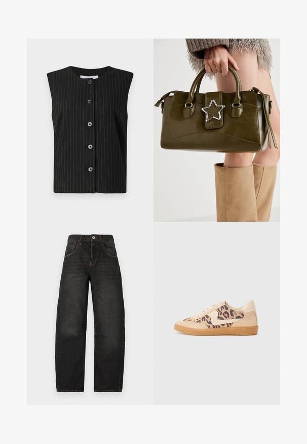 Sort ærmeløs knap-uppet vest med tynde hvide lodrettenålestriber og rund halsudskæring.; Grå bomulds-T-shirt med klassisk rund hals, korte ærmer og en glat tekstur, egnet til afslappet brug.; Sorte denim jeans med lige ben-design, fem lommer, synlig syning og frontknaplukning. Struktureret stof med let falming.; Leopardprint sneakers med beige ruskindsoverdel, tan gummisål og hvide detaljer. Rund pegefinger og snørebåndsdesign med en tekstureret finish.; Olivengrønt faux læder håndtaske med sølvstjerne accent, dobbelt håndtag og lynlås lukning. Teksturopfald og struktureret form.