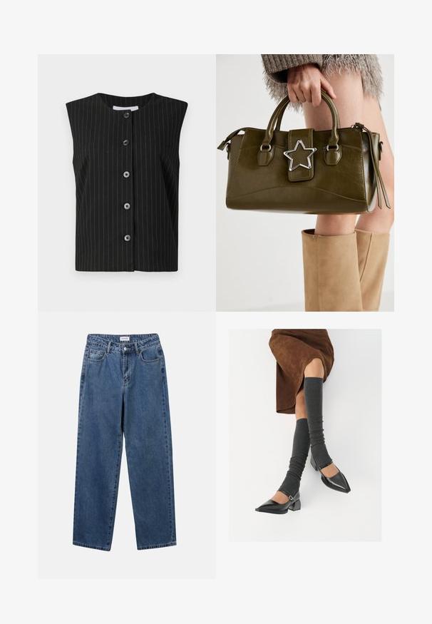 Black sleeveless button-up vest with thin white vertical pinstripes and round neckline.; Crop top in off-white knit material. Long sleeves with ribbed texture and small cut-out details around the neckline.; Classic blue denim jeans with a straight-leg design, five pockets, and a button closure. Features a medium wash and sturdy texture.; Black patent leather pointed-toe shoes with a block heel and ankle strap, paired with gray ribbed leg warmers and a brown suede skirt.; Olive green faux leather handbag with silver star accent, dual handles, and a zip closure. Textured surface and structured shape.