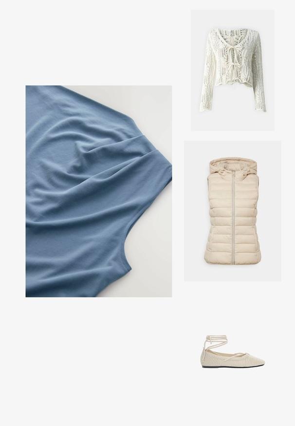 Vesta pufo bej cu glugă, având un fermoar central, design matlasat cusut și fără mâneci, fabricată dintr-un material ușor.; Cardigan croșetat, scurt, de culoare crem. Are mâneci lungi, decolteu adânc în formă de V și închidere reglabilă cu un șnur în față. Material texturat cu țesătură deschisă.; Tricou albastru văzut din partea de sus, cu un material moale și o textură netedă, plierele căzute și o gât curbat.; Balerini bej țesute, cu vârf ascuțit, talpă plată și sireturi înfășurate. Textura este deschisă, cu un căptușeală interioară netedă.