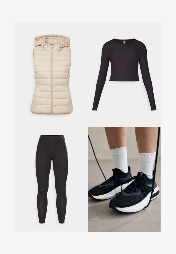 Béžová nadýchaná vesta s kapucí, se středním zipem, prošívaným designem a bez rukávů, vyrobená z lehké látky.; Černý krátký top s dlouhým rukávem vyrobený z proužkované tkaniny. Má kulatý výstřih a přiléhavý střih s texturovaným povrchem.; Černé legíny vyrobené z pružného materiálu s vysokým pasem. Obsahují bílé boční pruhy a hladký povrch po celém obvodu.; Černé sportovní boty s texturovanou tkaninou, bílou podrážkou a černými tkaničkami. Nosené s bílými žebrovanými ponožkami, stojící na světlém povrchu.