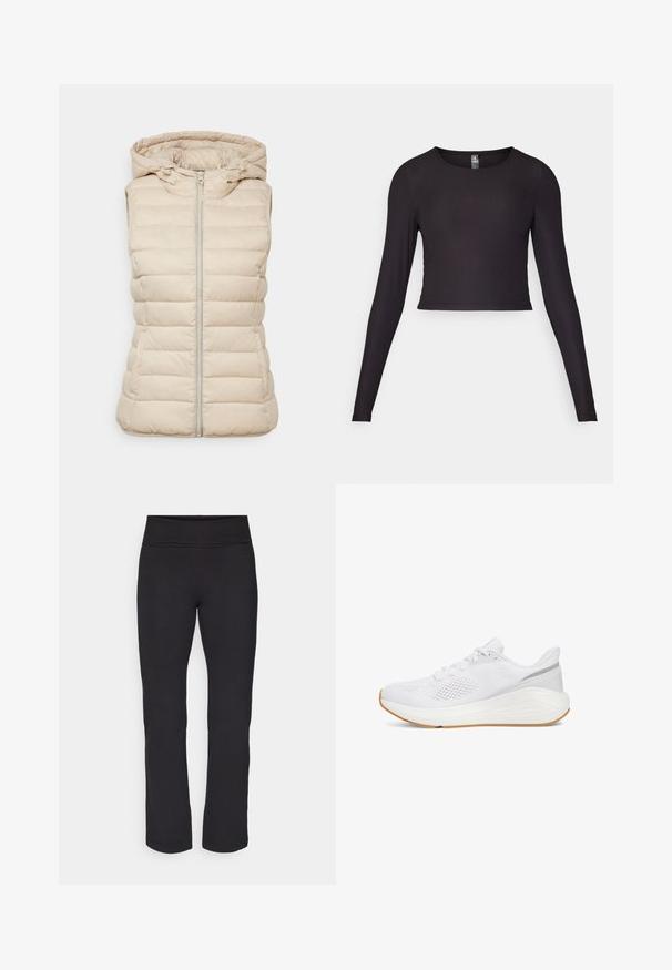 Beige, gepolsterte Weste mit Kapuze, zentralem Reißverschluss, gestepptem Design und ohne Ärmel, aus leichtem Stoff gefertigt.; Schwarzes, langärmliges, cropped Oberteil aus Rippstoff. Mit rundem Ausschnitt und figurbetonter Silhouette mit strukturierten Oberflächen.; Schwarze Leggings aus einem glatten, dehnbaren Stoff und mit einem breiten Bund. Sie haben gerade, glatte Beine in voller Länge und keine sichtbaren Muster oder Akzente.; Weißer Sportschuh mit einem atmungsaktiven Mesh-Obermaterial, abgerundeter Zehenpartie und einer strukturierten Gummisohle; verfügt über subtile graue Akzente und ein Logodesign.