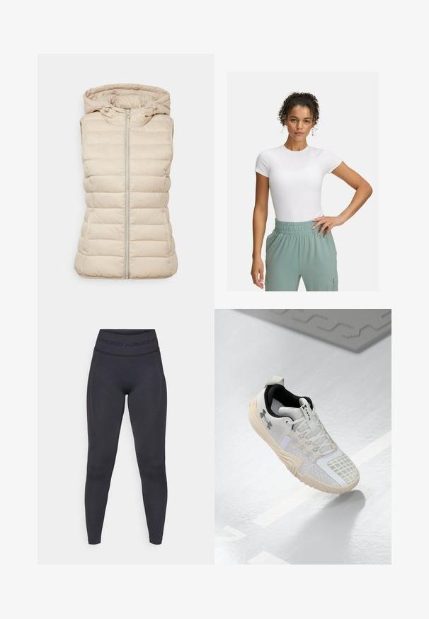 Gilet imbottito beige con cappuccio, dotato di zip centrale, design trapuntato cucito e senza maniche, realizzato in tessuto leggero.; T-shirt bianca aderente con maniche corte, abbinata a pantaloni con elastico in vita di colore verde chiaro. Texture liscia, design minimalista e nessun motivo visibile.; Leggings neri con una vita alta elastica con il testo "UNDER ARMOUR". Texture liscia con accenti di pattern discreti lungo le gambe.; Scarpa sportiva bianca con una tomaia in mesh testurizzato, un interno nero e una suola in gomma beige con una presa a motivo. Accentuata da dettagli sottili.