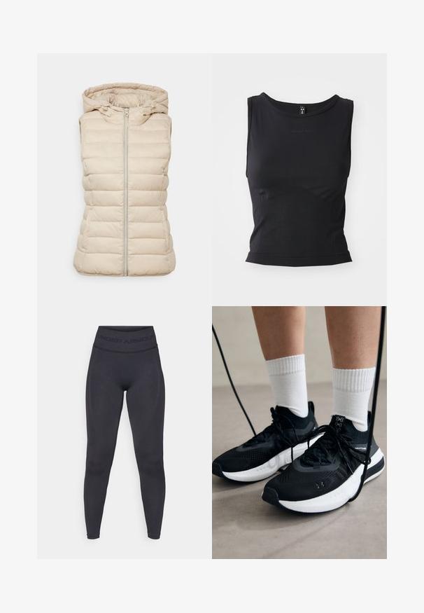 Béžová pufovaná vesta s kapucňou, so stredným zipsom, prešívaným dizajnom a bez rukávov, vyrobená z ľahkého materiálu.; Čierny športový top bez rukávov vyrobený z hladkej tkaniny, s okrúhlym výstrihom a priliehavým strihom so subtilným logom.; Čierne legíny s vysokým elastickým pásom s textom "UNDER ARMOUR". Hladká textúra s jemnými vzorovanými akcentmi pozdĺž nôh.; Čierne športové topánky s textúrovanou tkaninou, bielou podrážkou a čiernymi šnúrkami. Nosené s bielymi rebrovanými ponožkami, postavené na svetlom povrchu.