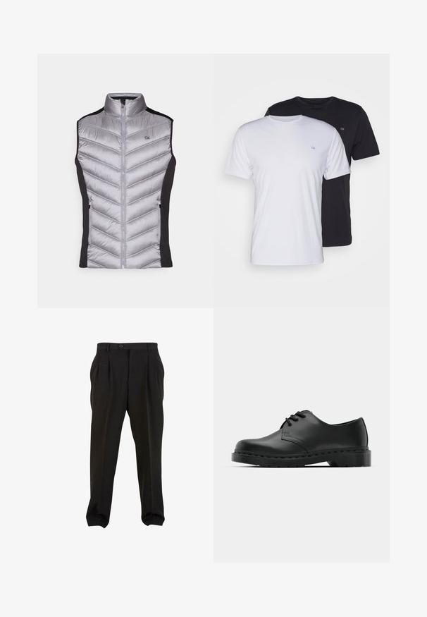 Gray puffer vest with a high collar, chevron stitching, black side panels, and front zip closure. Features a small CK logo on the chest.; Two cotton t-shirts in white and black, short-sleeved with round necks, featuring a small logo on the chest, smooth texture.; Black trousers with a smooth fabric, featuring front pleats, a button waistband, and tapered ankle cuffs. Classic tailored silhouette.; Black leather oxford shoe with lace-up design, rounded toe, flat rubber sole, and subtle stitching detail along the upper.