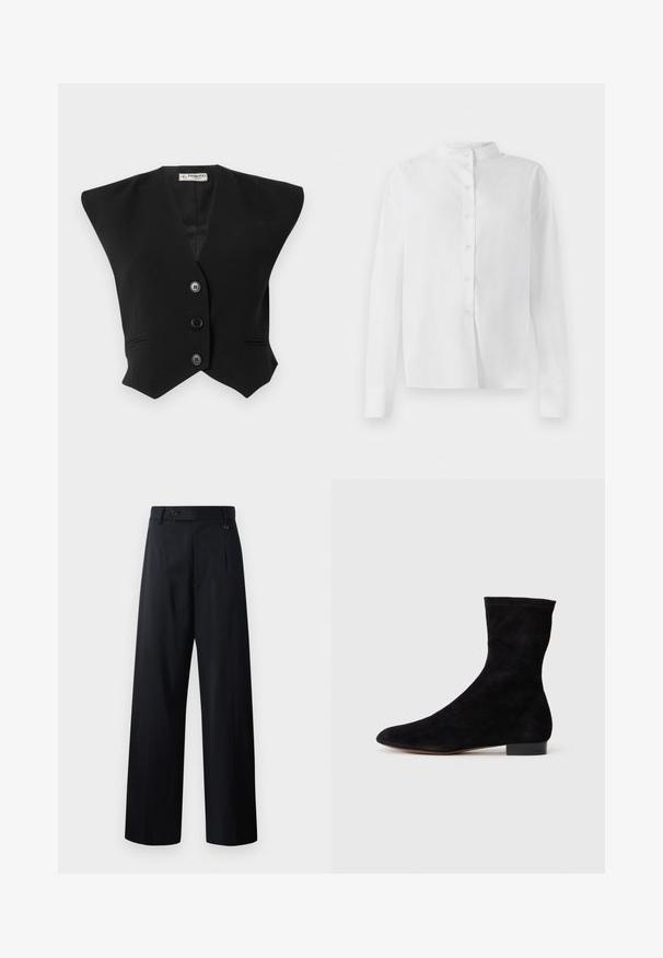 Juodas liemenė su struktūruotomis petnešomis, turinti tris mygtukus, plačias apykakles ir pritaikytą siluetą. Pagaminta iš glotnaus, tekstūruoto audinio.; Balta ilgomis rankovėmis mygtukinė marškinė su mandarinų apykakle ir paslėptais mygtukais, eksponuojama ant baltos fono.; Tamsiai mėlynos plačių kojų kelnes su sagų uždarymu, priekiniais raukiniais ir sklandžiu audiniu, turinčiu švarų, pritaikytą dizainą.; Juoda zomšo kulkšnė su prigludusia ašimi, smailiu pirštu ir žemu bloku. Lygus paviršius ir minimalistiškas dizainas, tinkantis įvairiems stiliams.