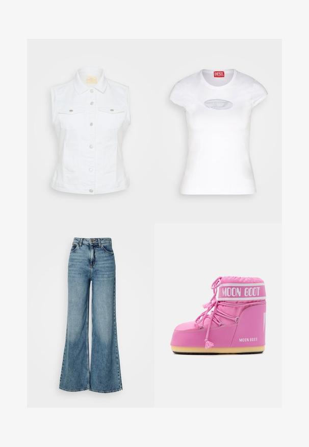 Colete de jeans branco sem mangas com colarinho pontiagudo, dois bolsos frontais, botões metálicos e detalhes na costura lateral em uma textura suave.; T-shirt branca ajustada, feita de algodão, com decote redondo e mangas curtas, apresentando um logótipo bordado em azul claro à frente.; Uns vasculas de ganga de corte alto, azul claro, com perna larga, bolsos frontais e fecho com botão, apresentadas contra um fundo branco liso.; Bota Pink Moon com cano alto, tecido texturizado, atacadores decorativos e uma alça com marca. Apresenta uma sola durável para estabilidade.