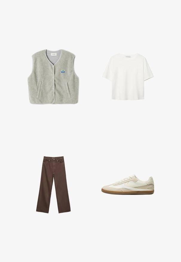 Šedá fleecová vesta s knoflíkovým zapínáním, dvěma bočními kapsami a malým barevným logem značky na levé straně. Okraje mají kontrastní lem.; Bílý krátký rukáv tričko vyrobené z bavlny. Má kulatý výstřih a volný střih. Hladký materiál bez viditelných vzorů nebo akcentů.; Hnědé džíny s širokými nohavicemi vyrobené z denimu, s vysokým pasem, předními kapsami a klasickým zapínáním na knoflík. Hladká textura s jemným švem.; Bershka Tenisky - white