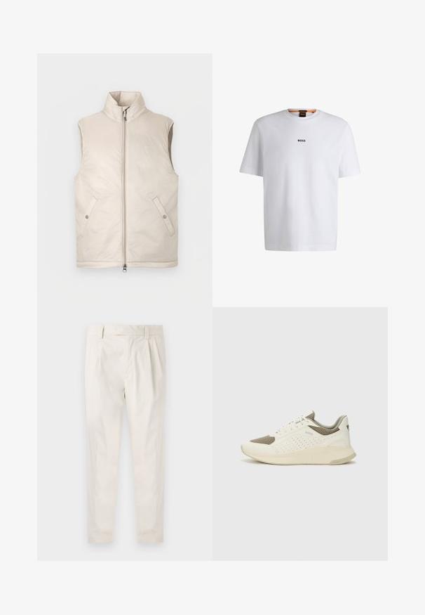 Beżowa bezrękawnikowa kamizelka puchowa z wysokim kołnierzem, przednim zamkiem na zamek błyskawiczny i dwoma bocznymi kieszeniami, charakteryzująca się gładką fakturą i minimalistycznym designem.; Biała bawełniana koszulka z krótkim rękawem, z czarnym logo "BOSS" umieszczonym na środku klatki piersiowej oraz okrągłym dekoltem.; Białe, plisowane spodnie o dopasowanym kroju, z gładką fakturą, szlufkami na pasek i zwężanymi nogawkami. Brak widocznych kieszeni lub wzorów.; Białe i jasnobeżowe sneakersy sportowe, z siateczkową cholewką, perforowanymi detalami oraz teksturowaną podeszwą śródstopia z brandingiem na pięcie.