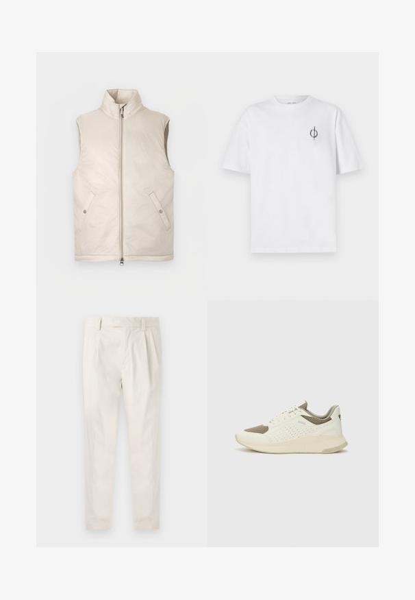 Beżowa bezrękawnikowa kamizelka puchowa z wysokim kołnierzem, przednim zamkiem na zamek błyskawiczny i dwoma bocznymi kieszeniami, charakteryzująca się gładką fakturą i minimalistycznym designem.; Biała bawełniana koszulka o luźnym kroju, z małym czarnym graficznym logo na lewej piersi. Krótkie rękawy, klasyczny okrągły dekolt.; Białe, plisowane spodnie o dopasowanym kroju, z gładką fakturą, szlufkami na pasek i zwężanymi nogawkami. Brak widocznych kieszeni lub wzorów.; Białe i jasnobeżowe sneakersy sportowe, z siateczkową cholewką, perforowanymi detalami oraz teksturowaną podeszwą śródstopia z brandingiem na pięcie.