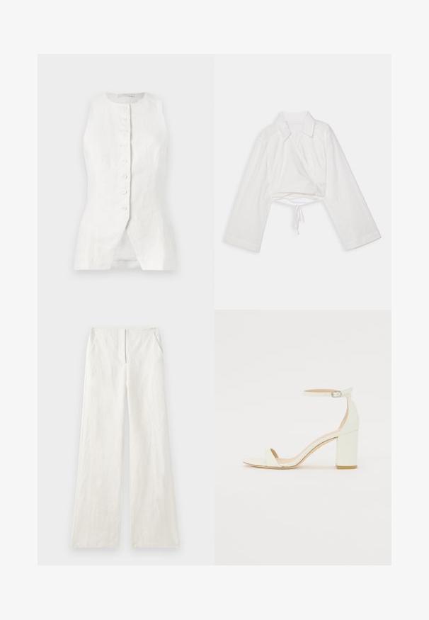 Bijela lanena majica bez rukava s okruglim izrezom, prednjim kopčanjem na gumbe i razdvojenim rubom. Tekstura tkanine daje lagani, prozračni izgled.; Bijela skraćena košulja dugih rukava, s ovratnikom i krojem na preklop. Ima mašnu na rubu i glatku, laganu teksturu tkanine.; Hlače od lana širokih nogavica u boji off-white, s glatkom teksturom, prednjim nabranjima i bočnim džepovima. Jednostavan, neukrašen dizajn.; Bijela kožna sandala na blok petu s remenom oko zapešća i minimalističkim dizajnom. Otvoreni nos i glatke teksture kroz cijelu obuću.