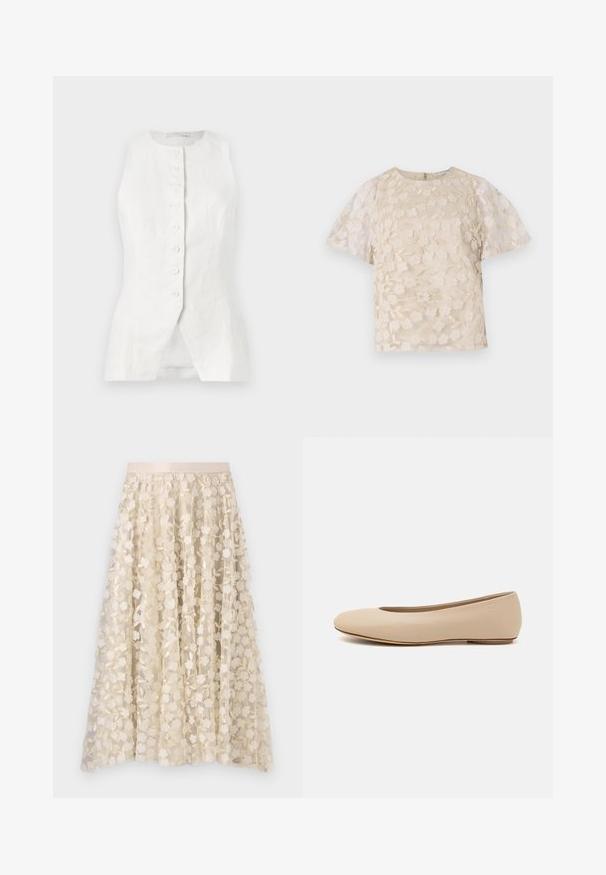 Top fără mâneci din in alb, cu guler rotund, închidere cu nasturi în față și tiv fendu. Material texturat cu un aspect ușor și aerisit.; Bluză bej cu broderie florală, mâneci puff transparent, guler rotund și închidere cu fermoar la spate. Model floral texturat pe panoul din față.; Broderie florală pe o fustă transparentă, de culoare crem, cu un brâu de satin. Designul include flori mici și delicate, precum și frunze.; Balerini din piele bej, cu vârful rotund, detalii de cusătură minime, toc mic și un logo subtil pe partea din spate. Textură netedă, mată.