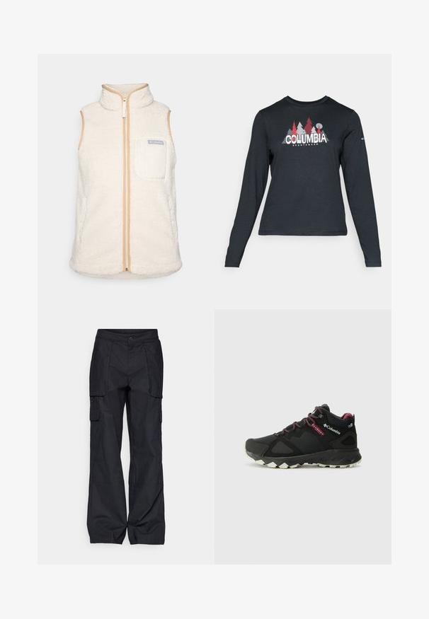 Weißer Fleece-Weste mit hohem Kragen, Reißverschluss auf der Vorderseite und beigem Besatz. Verfügt über eine Fronttasche mit dem Columbia-Logo. Weiches, strukturiertes Material.; Dunkelgraues Langarmshirt mit einem Grafikdesign von roten Bäumen und Bergen; das "COLUMBIA"-Logo in fett weißer Schrift. Weicher Stoff, klassischer Rundhalsausschnitt.; Columbia BREA FALLS™ COTTON RIPSTOP PANT - Outdoor-Hose - black; Columbia PEAKFREAK HERA MID - Hikingschuh - black/deep madeira