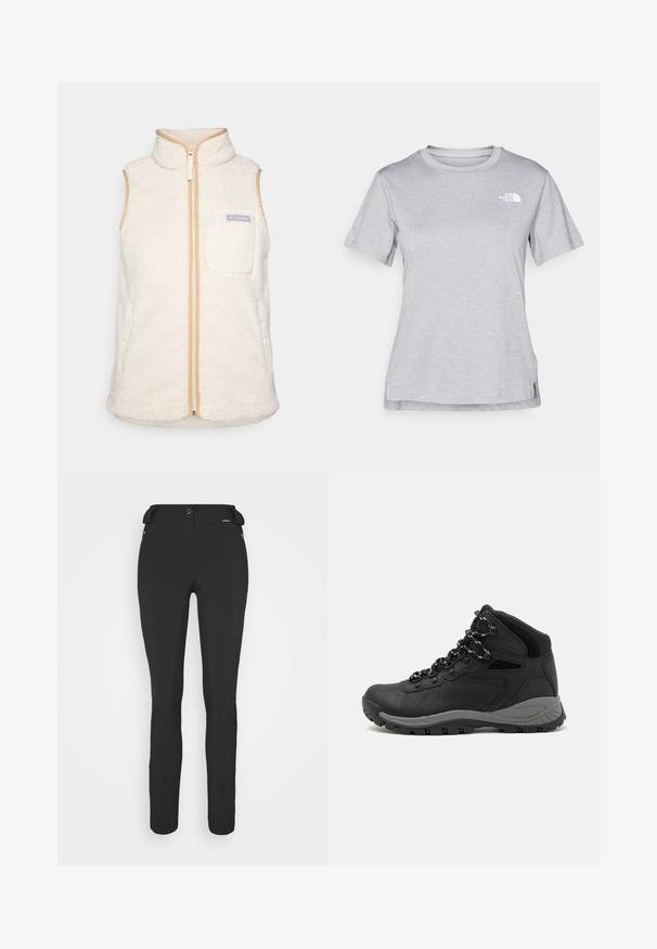Gilet in pile bianco con colletto alto, zip frontale e bordatura beige. Presenta una tasca frontale con il logo Columbia. Materiale morbido e strutturato.; T-shirt grigio a maniche corte realizzato in morbido tessuto traspirante. Presenta un collo tondo e un piccolo logo bianco nella parte superiore sinistra.; Pantaloni neri aderenti realizzati in materiale flessibile. Presentano una tasca laterale con zip, ginocchia articolate e una texture liscia.; Stivale da trekking nero con design a metà altezza, dotato di una tomaia texturizzata, accenti grigi e suola in gomma resistente con tasselli per la trazione.