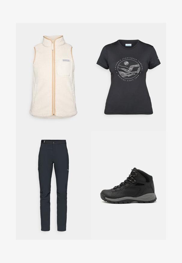 Vesta albă din fleece cu guler înalt, cu front cu fermoar și detalii bej. Prezintă un buzunar frontal cu logo-ul Columbia. Material moale și texturat.; Tricou negru Columbia cu artă liniară albă circulară reprezentând munți și un râu, împreună cu textul "Columbia Sportswear Company Afară din 1938."; Pantaloni de exterior pentru bărbați, gri închis, fabricați dintr-un material flexibil, cu un brâu, buzunare cu fermoar și cusături consolidate.; Botă de drumeție neagră cu un design mediu, având un material texturat, accente gri și o talpă din cauciuc durabilă cu crampoane pentru aderență.