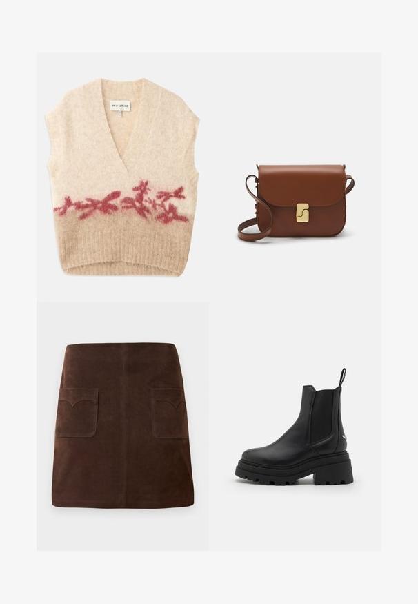 Béžový bezrukávový sveter s hlbokým výstrihom do V, ktorý má jemnú textúru a kvetinový vzor v burgundskej farbe na dolnej časti. Viditeľná značka.; Svetlo béžový skrátený sveter so zipsovým vysokým golierom, s textúrovaným vzorom a rebrovanými manžetami a spodným lemom. Kombinuje pletené a tkané materiály.; Hnedá semišová sukňa s klasickým A-silhouette, dvoma prednými vreckami so zaoblenými klapkami a jemnými detailmi prešitia.; Čierne chelsea čižmy vyrobené z hladkej kože s elastickými bočnými panelmi, hrubou, ryhovanou gumovou podrážkou a pútkom vzadu.; Hnedá kožená kabelka s klopou, zlatými kovovými prvkami, ramenným popruhom a hladkým povrchom. Kompaktný obdĺžnikový tvar.