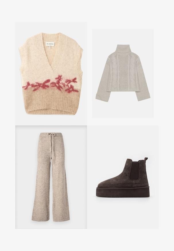 Bežs bezpiegu veste ar dziļu V-veida kakla izgriezumu, ar mīkstu faktūru un ziedu motīvu bordo krāsā apakšējā daļā. Redzama zīmola birka.; Izgriezts, gaiši pelēks adīts džemperis ar augstu apkakli un ribotiem piedurknēm, ar fakturētām virknēm gar muguru un sāniem.; Beige brīvā stila bikses, kas izgatavotas no teksturētas adītas auduma, ar vilkšanas jostu un brīvu piegriezumu.; Brūni zamša Chelsea zābaki ar elastīgiem sānu paneļiem un biezas, teksturētas platformas zoli. Iespējams, ir vilkšanas cilpa uz papēža, kas atvieglo uzvilkšanu.