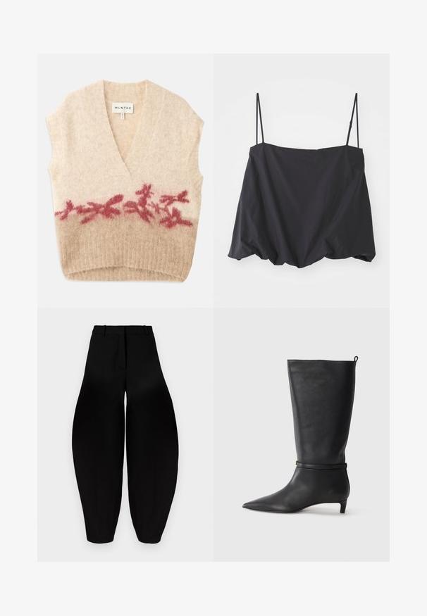 Bežinis be rankovių liemenė su giliais V formos iškirpimu, pasižymintis minkšta tekstūra ir bordo spalvos gėlių raštu apatinėje dalyje. Matoma prekės ženklo etiketė.; Juodas be rankovių viršus su plonomis petnešėlėmis, laisvas siluetas ir surinkta apatinė dalis. Pagamintas iš lengvos medžiagos su lygiu paviršiumi.; Juodos platesnės kelnes su aukštu liemeniu, raukšlėtu priekiu ir siaurėjančiais kulkšniais. Pagamintos iš lygios medžiagos su matinėmis savybėmis.; Juodas odinis iki kelių botas su smailiu batu, akcentuotas apvaliu diržu aplink kulkšnį ir žemu, siaurėjančiu kulnu. Lygi tekstūra.