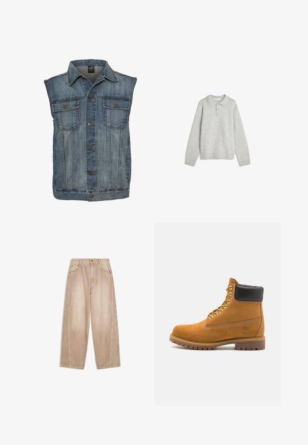 Jeansova brezrokavnik v bledi modri barvi z brezrokavno zasnovo. Ima dva žepa na prsih, kovinske gumbe in ovratnik. Teksturirana tkanina.; Sivi pleteni pulover s ovratnikom, tremi sprednjimi gumbi in rebrastim robom. Tkanina se zdi mehka in teksturirana, s sproščenim krojem.; Bež široke hlače iz kordura z navpičnimi rebri, ki vključujejo sprednje žepe, pasne zanke in zadrgo s gumbom.; Svetlo rjave anklne čizme iz semiša z črnim oblazinjenim ovratnikom, zlatimi kovinskimi očesci, belimi šivi in robustnim gumijastim podplatom s izrazitimi tredi.
