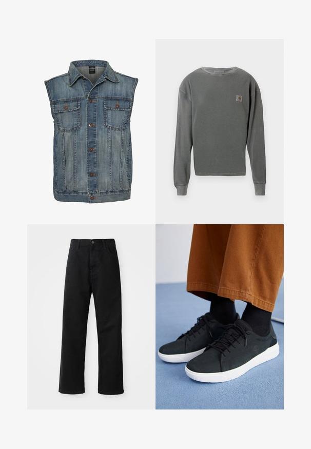 Faded sinine denimpusa, varrukateta disainiga. Omab kahte rinna taskut, metallnuppe ja kraed. Tekstureeritud kangas.; Hallhunnik, halli pikad varrukad, ümar kaelus, millel on ribakujundus. Vasakul rinnal on väike ruudukujuline logo ja ribakujundusega varrukate otsad.; Mustadest denimist püksid sirge lõikega, mis sisaldavad ees taskuid, lukufliisi ja ühte ülemist nööpi. Tekstureeritud kangas mati viimistlusega.; Mustad suede spordijalatsid valge kummitaldaga, millel on paeltega kinnitamine, tekstuuriga aktsendid ja tagasihoidlik bränding, koos pruuni pükstega.