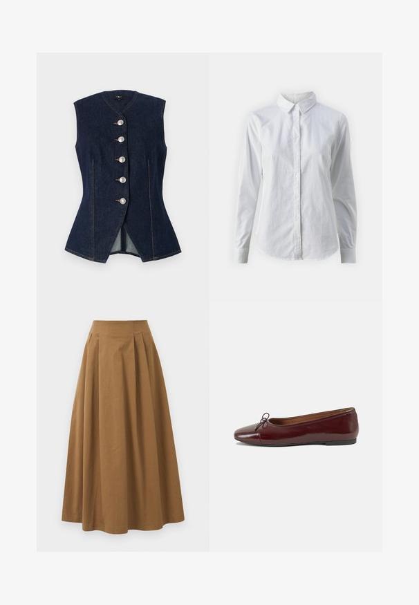 Jeansvest, mørkeblå, ermeløs design, V-hals, med fem store sølvknapper, tilpasset form, med kontrasterende søm detaljer.; Hvit skjorte med knapper laget av glatt bomull, med klassisk krage, lange ermer og buet skjær. Knapper er små og hvite.; Brun bomull A-linje skjørt med høy midje, med folder foran og en jevn tekstur. Kantene er rene og enkle.; Burgunderrød lakk lær ballettleilighet med rund tå, liten sløyfe foran og en lav, svart gummisåle. Glatt tekstur.