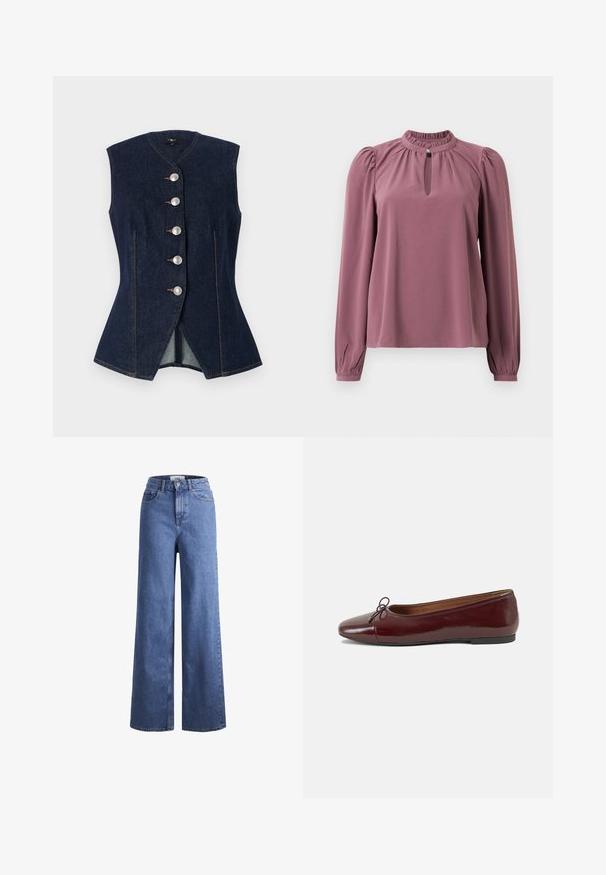 Džerska prsluk, tamnoplave boje, bez rukava, V-izreza, sa pet velikih srebrnih dugmadi, krojen oblik, sa kontrastnim detaljima šivenja.; Bluzica dugih rukava u mauve boji s naboranim ovratnikom, izrezom u obliku ključa s kopčanjem na dugme i blago napuhanim ramenima.; Svijetloplavi traper široki traperice s visokim strukom, dva prednja džepa i vidljivim šavovima. Imaju kopčanje na gumb i patentni zatvarač.; Burgundska lakirana balerinka s zaobljenim vrhom, malim mašnom sprijeda i niskom, crnom gumenom potplatu. Glatka tekstura.