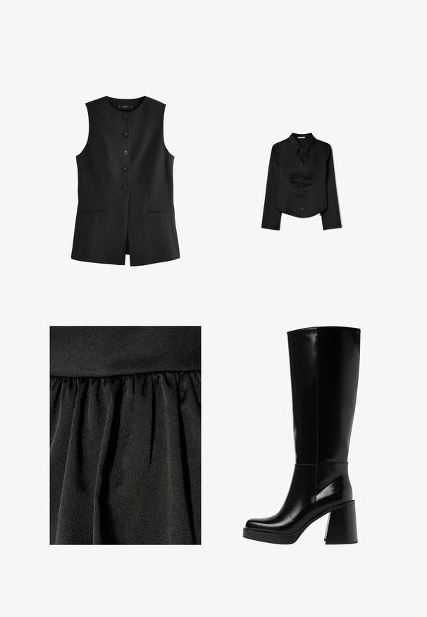 Next - Kamizelka; Czarna longsleeve z gładkiego materiału, z wyraźnym kołnierzykiem, z przodem zapinanym na guziki oraz skróconym dołem z bocznymi rozcięciami.; Czarna tkanina o subtelnej połysku, z marszczoną strukturą i spływającymi plisami. Gładka powierzchnia z błyszczącymi akcentami w całej strukturze.; Czarne kozaki do kolan wykonane z błyszczącego materiału, z masywnym, blokowym obcasem i okrągłym noskiem. Szwy biegną wzdłuż zewnętrznej strony.