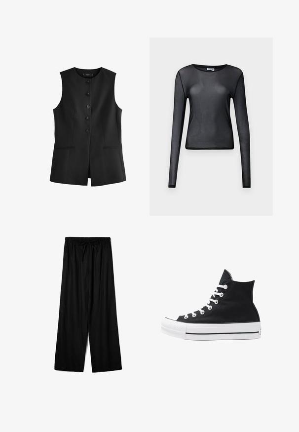 Next TAILORED TALL - REGULAR FIT - Vest - black; Sort langærmet top lavet af gennemsigtigt materiale, med rund halsudskæring og tætsiddende pasform, samt fint kantede kanter.; Sorte bredde-bukser lavet af letvægtsstof, med en elastisk talje og snøre for justerbar pasform. Glat tekstur.; Højtop sort lærredssko med hvide øjetter, snørebånd og gummisål. Har en tekstureret tåhætte og sorte og hvide stribe-accenter.