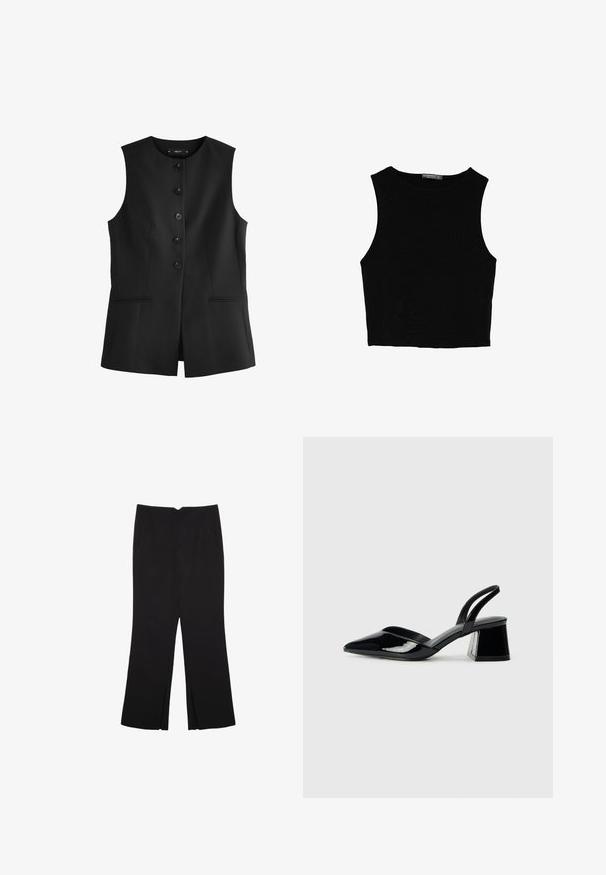 Next TAILORED TALL - REGULAR FIT - Weste - black; Schwarzes ärmelloses Crop-Top aus glattem Stoff, mit rundem Ausschnitt und einem klaren, schlichten Design ohne Muster oder Beschläge.; Schwarze Hose mit geradem Schnitt, ausgestattet mit Fronttaschen und Seitenschlitzen am Saum. Hergestellt aus weichem, glattem Stoff. Geeignet für verschiedene Anlässe.; Schwarze Lackleder-Slingback-High Heels mit spitzem Schuh und einem geometrischen Blockabsatz. Verfügt über ein schlankes, minimalistisches Design und eine glatte Textur.
