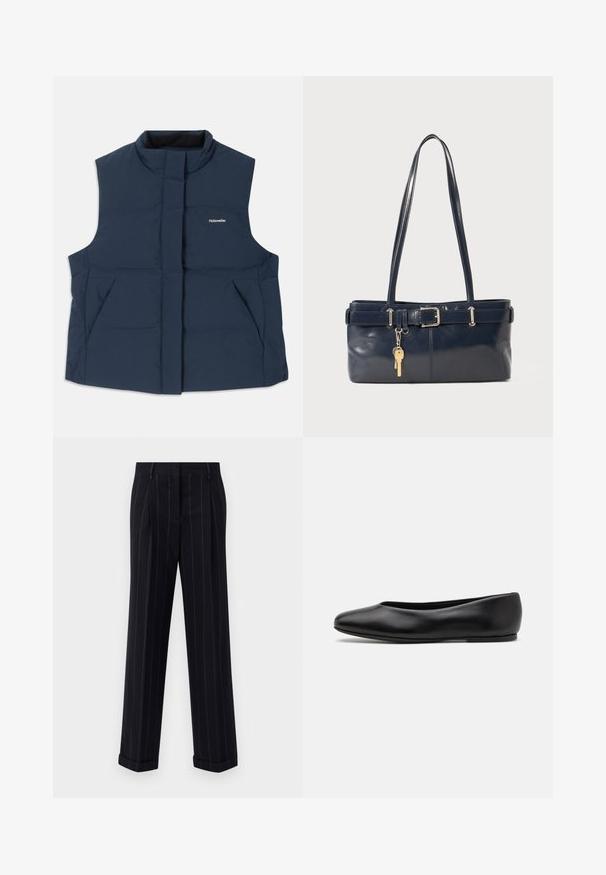 Dunkelblau, ärmellose gesteppte Weste mit hohem Kragen, Frontreißverschluss und zwei Seitentaschen; mit weißem "Holzweiler"-Logo.; Dunkelblauer Pullover mit rundem Ausschnitt, langen Raglanärmeln, gerippten Bündchen und geradem Saum. Hergestellt aus einem weichen, strukturierten Strickmaterial.; Schwarz gestreifte Hose mit tailliertem Schnitt, mit einem umgeschlagenen Saum und vorderen Falten. Hergestellt aus glattem Stoff mit einer strukturierten Gestaltung.; Paul Smith TOPANGA - Klassischer Ballerina - black; Marineblaue Lederhandtasche mit zwei langen Griffen, einer Schnallen-Detailierung und einem daran befestigten Schlüsselanhänger. Besitzt eine glatte Textur und eine rechteckige Form.