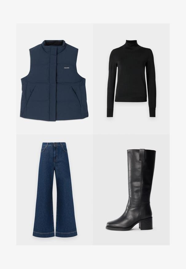 Tengerészkék, ujjatlan párnázott mellény magas gallérral, elől cipzáras záródással és két oldalsó zsebbel; fehér "Holzweiler" logóval rendelkezik.; Fekete, hosszú ujjú garbós pulóver bordás mandzsettákkal és aljjal, sima fehér háttér előtt bemutatva.; Magas derekú, széles lábú kék farmernadrág, gombos záródással, övhurkokkal és diszkrét varrási részletekkel a zsebeknél és a szegélyeknél.; Fekete bőr, térd fölé érő csizmák sima textúrával, négyzetes orral, tömbsarkúval és oldalsó húzófüllel, minimális varrási részletekkel.