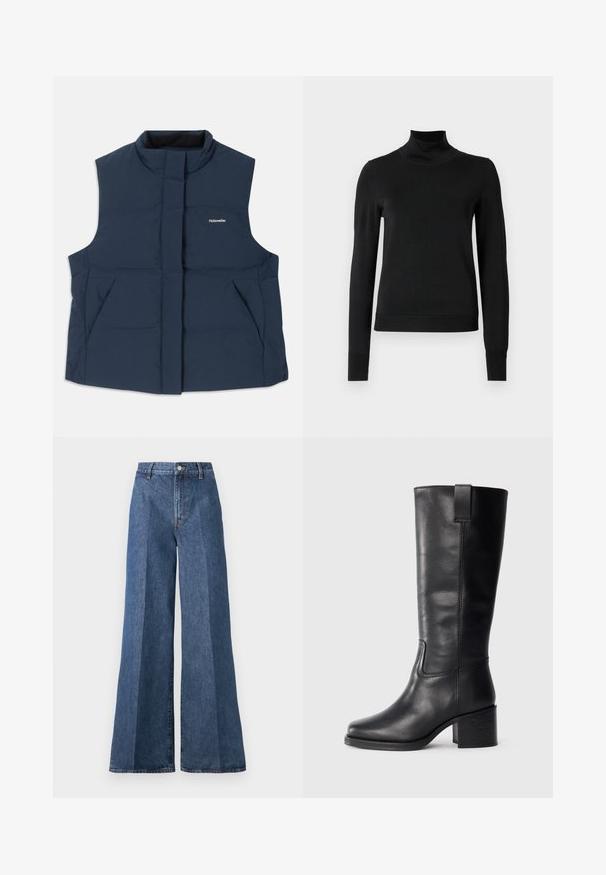 Tengerészkék, ujjatlan párnázott mellény magas gallérral, elől cipzáras záródással és két oldalsó zsebbel; fehér "Holzweiler" logóval rendelkezik.; Fekete, hosszú ujjú garbós pulóver bordás mandzsettákkal és aljjal, sima fehér háttér előtt bemutatva.; Nagyméretű kék farmernadrág magas derékkal, klasszikus öt zsebes stílussal és gombos záródással, struktúrált pamutszövetből készült.; Fekete bőr, térd fölé érő csizmák sima textúrával, négyzetes orral, tömbsarkúval és oldalsó húzófüllel, minimális varrási részletekkel.