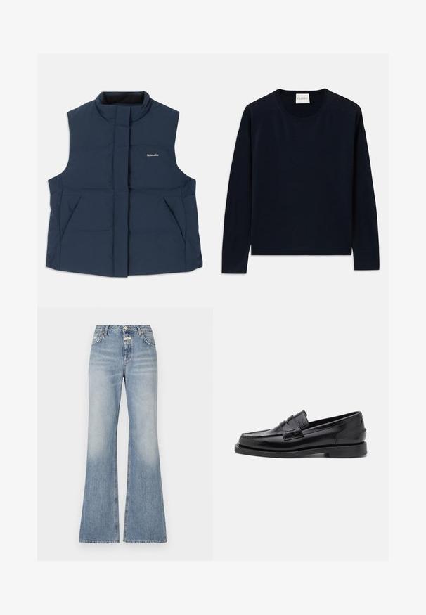 Tengerészkék, ujjatlan párnázott mellény magas gallérral, elől cipzáras záródással és két oldalsó zsebbel; fehér "Holzweiler" logóval rendelkezik.; Sötétkék hosszú ujjú crewneck póló puha, sima anyagból, laza szabásban. Jellemzői a bordás díszítésű mandzsetta és szegély, címke a nyaknál.; Világoskék, bővülő nadrág farmer anyagból, magas derékkal, enyhe kopással az elülső részen, és nyers szegszereléssel az alján.; CLOSED LOAFER - Belebújós cipők - black