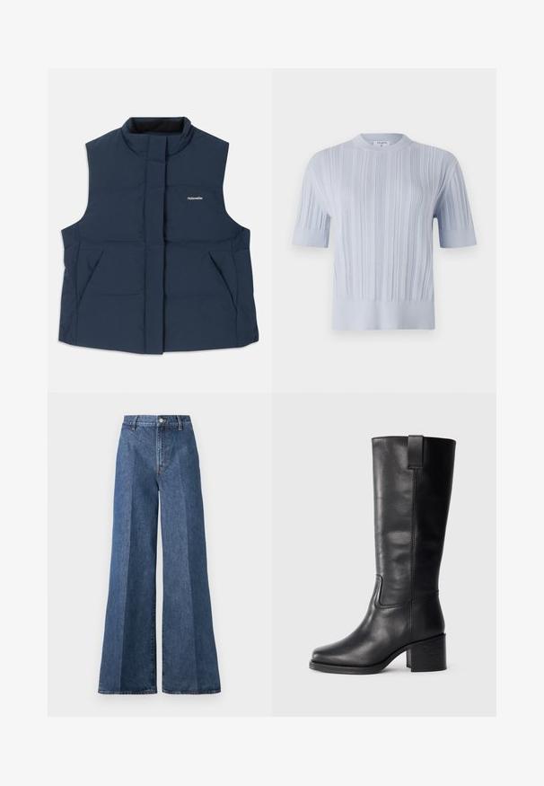 Dunkelblau, ärmellose gesteppte Weste mit hohem Kragen, Frontreißverschluss und zwei Seitentaschen; mit weißem "Holzweiler"-Logo.; Helles blaues kurzärmliges Strickoberteil mit vertikaler Rippstruktur und Rundhalsausschnitt. Der Stoff zeigt dezente Details mit einem taillierten Saum.; Weite blaue Jeans mit hoher Taille, im klassischen Five-Pocket-Stil und mit Knopfverschluss, aus strukturierter Baumwollstoff gefertigt.; Schwarze Lederstiefel bis zum Knie mit glatter Oberfläche, quadratischer Spitze, Blockabsatz und seitlichem Zugband, mit minimalistischen Nähdetails.