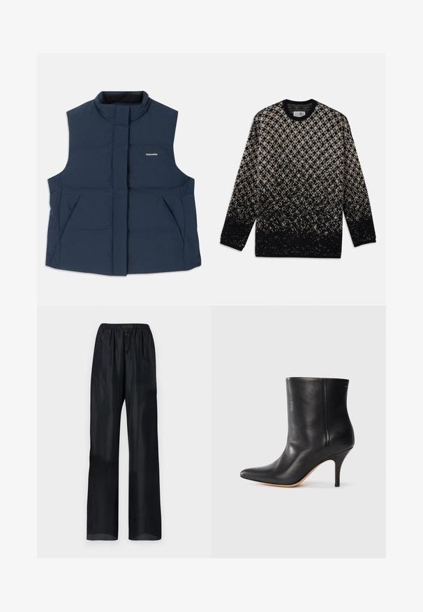 Marineblauwe, mouwloze gewatteerde vest met een hoge kraag, een rits aan de voorkant en twee zijzakken; heeft een wit "Holzweiler" logo.; Gebreide trui met een diamantpatroon in beige en zwart, met een geleidelijke kleurverloop. Ronde hals en lange mouwen. Zachte textuur.; Zwarte, lichtgewicht broeken met een losse pasvorm, voorzien van een elastische tailleband en twee knopen aan de voorkant. Glad textiel met een recht model.; Zwarte leren enkelboot met puntige neus, slanke stilettohak en een gladde textuur. Minimalistisch ontwerp zonder zichtbare hardware of accenten.
