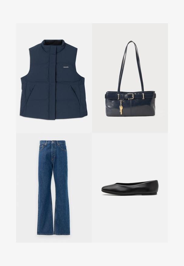 Navy blue, sleeveless padded vest with a high collar, front zip closure, and two side pockets; features a white "Holzweiler" logo.; Striped button-up shirt with a white base, featuring narrow multi-colored lines in blue, orange, and green. Long sleeves and a classic collar.; Blue denim flared jeans with a high waist, featuring five pockets, a silver button closure, and visible stitching accents.; Paul Smith TOPANGA - Ballet pumps - black; Navy leather handbag with two long handles, a buckle detail, and a keychain attached. Features a smooth texture and a rectangular shape.