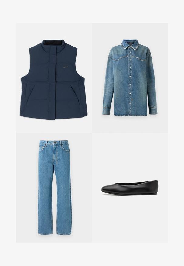 Colete acolchoado sem mangas azul-marinho, com gola alta, fecho frontal de zip, e dois bolsos laterais; apresenta o logo branco "Holzweiler".; Camisa de ganga azul de manga longa com botões de pressão, gola pontuda e detalhes em strass ao longo do yoke e das bordas da gola.; Jenas de ganga azul claro com um corte largo, apresentando uma cintura alta, quatro bolsos e um fecho de correr. Design clássico de cinco bolsos.; Paul Smith TOPANGA - Sabrinas - black