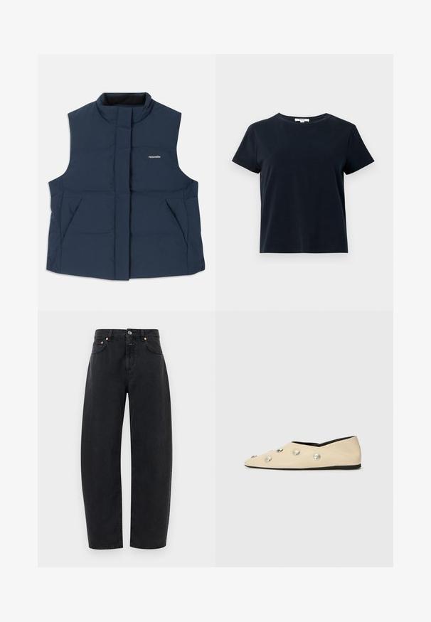 Laivastonsininen, hihaton toppaliivi korkealla kauluksella, edessä vetoketjulla ja kahdella sivutaskulla; siistissä on valkoinen "Holzweiler"-logo.; T-paita tummansinisestä pehmeästä puuvillasta, lyhyillä hihoilla, pyöreällä kaula-aukolla ja rentoa istuvuutta. Ei näkyviä kuvioita tai somisteita.; Mustat farkut, joissa on suora lahje, viisi taskua ja kuparinvärisiä yksityiskohtia. Kangas on sileä ja klassisella ompelemalla.; CLOSED Ballerinat - ecru