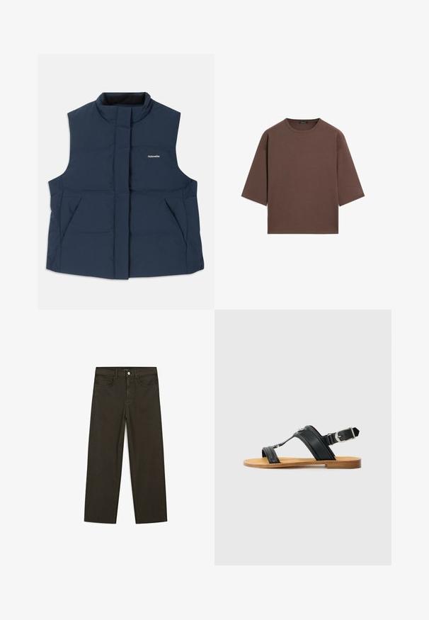 Gilet matelassé sans manches bleu marine avec un col haut, fermeture éclair sur le devant et deux poches latérales ; arbore un logo blanc "Holzweiler".; T-shirt marron court avec un col rond, des manches courtes et une texture douce. Conçu avec une coupe décontractée et un minimum de détails.; Jeans large en denim vert foncé en mélange de coton, avec une fermeture à bouton à l'avant, cinq poches et des coutures classiques en denim.; Sandale en cuir noir avec boucle réglable, semelle plate couleur tan, et deux larges bandes se croisant sur le pied, design minimaliste.