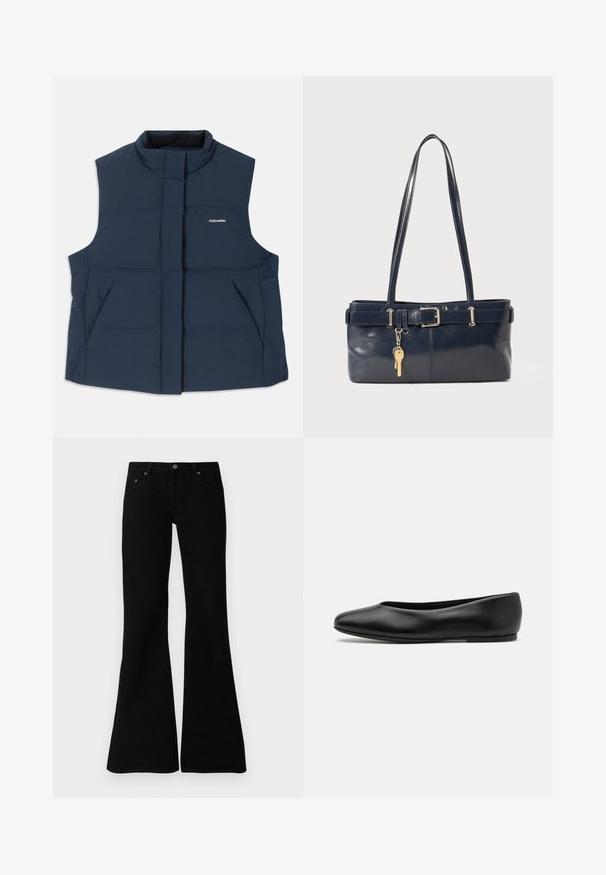 Námořnická modrá, bezrukávová péřová vesta s vysokým límcem, předním zipem a dvěma bočními kapsami; obsahuje bílé logo "Holzweiler".; Černé tričko s krátkým rukávem vyrobené z bavlny, s kulatým výstřihem a malým logem na levé straně hrudi. Hladká textura a uvolněný střih.; Černé zvonové džíny vyrobené z denimu, s klasickým pětipocket designem, zapínáním na knoflík a jemnými švy podél švů.; Paul Smith TOPANGA - Klasické baleríny - black; Námořnická kožená kabelka s dvěma dlouhými uchy, detaily s přezkou a připevněným klíčenkou. Vyznačuje se hladkým povrchem a obdélníkovým tvarem.