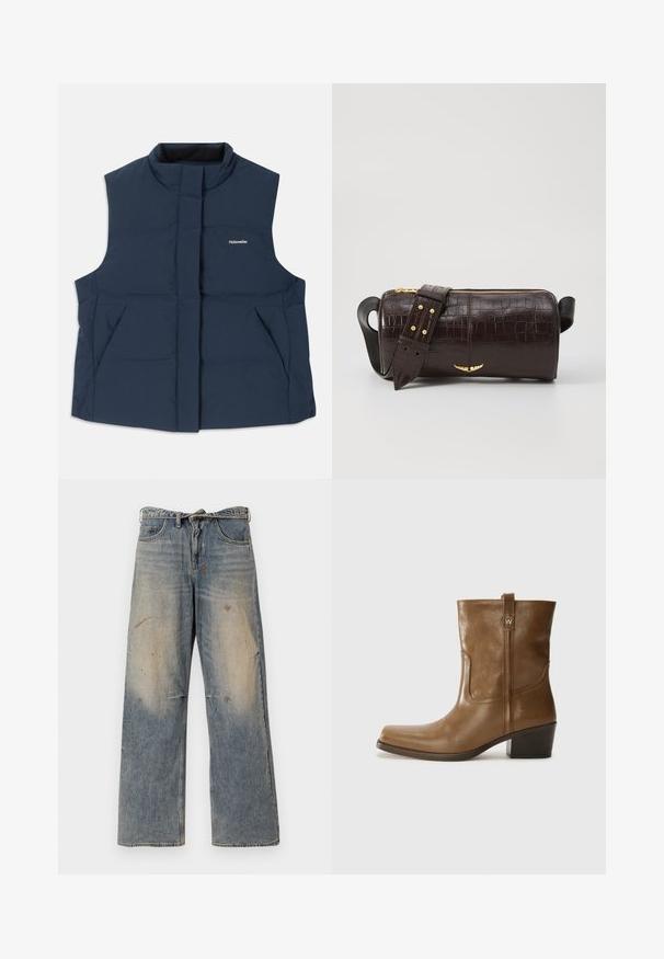 Navy blue, sleeveless padded vest with a high collar, front zip closure, and two side pockets; features a white "Holzweiler" logo.; Long-sleeve, light beige top with a round neckline. Made of soft fabric, features a central seam and slightly curved hem. No visible hardware.; Light blue denim jeans with a loose, straight-leg design. Features whiskering, fading, and distressed details near knees. Classic five-pocket style.; Brown leather ankle boot with a square toe, textured finish, and a low stacked heel. Features a rear pull tab and subtle stitching details.; Brown crocodile-embossed leather bag with a cylindrical shape, gold-tone hardware, and a detachable strap featuring studs.
