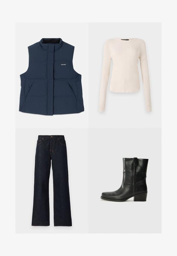 Gilet matelassé sans manches bleu marine avec un col haut, fermeture éclair sur le devant et deux poches latérales ; arbore un logo blanc "Holzweiler".; Haut à manches longues, beige clair avec un col rond. Fait dans un tissu doux, il présente une couture centrale et un ourlet légèrement courbé. Pas de métal visible.; Jeans larges bleu foncé en denim, avec des coutures orange, deux poches avant et une fermeture à bouton à la taille.; Bottine en cuir noir avec un bout rond, un talon carré, une fermeture éclair sur le côté et des coutures décoratives sur l'empeigne. Texture lisse, design classique.