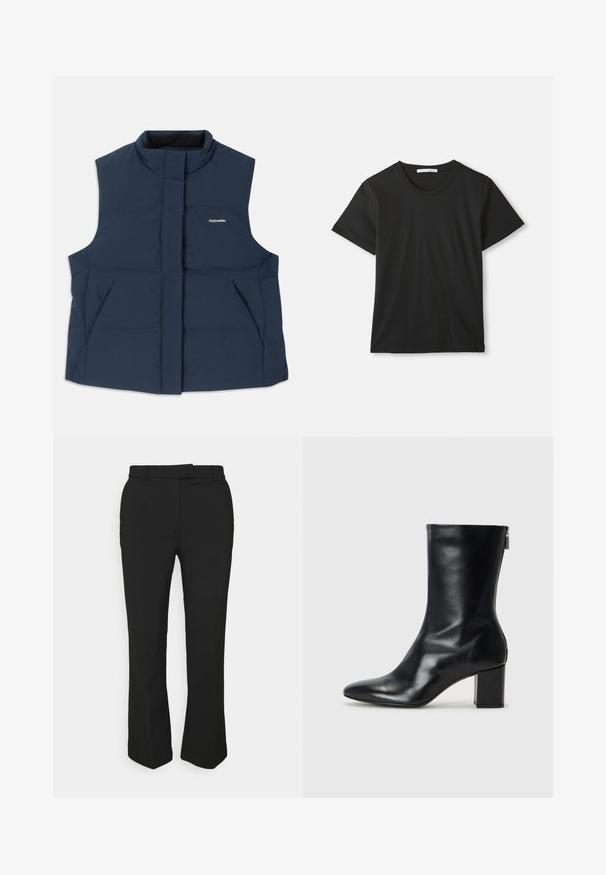 Giubbotto imbottito senza maniche blu navy con colletto alto, chiusura frontale con zip e due tasche laterali; presenta il logo bianco "Holzweiler".; T-shirt in cotone nero a maniche corte con colletto a girocollo, disteso su uno sfondo bianco con l'etichetta del brand visibile all'interno del colletto.; Pantaloni neri su misura con design a gamba dritta, dotati di passanti per cintura e tasche laterali. Realizzati in tessuto liscio con una finitura pulita.; Stivale alla caviglia in pelle nera con punta affusolata e tacco a blocco di 4 cm. Design elegante con cerniera laterale per una facile calzata. Tessuto liscio.